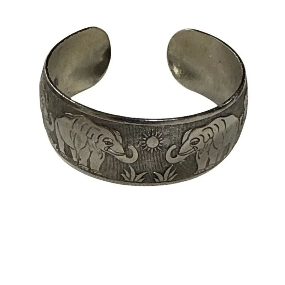 Tibetan Silver Carve Elephant Totem Bangle Opening Cuff Bracelet